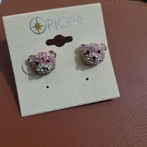 Betsey Johnson Pink and Black Crystal Bear Earrings